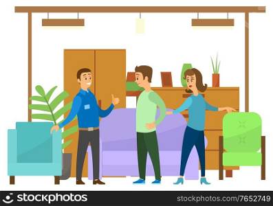 People in furniture store looking at new goods for home. Wardrobe and closet, sofa and armchairs, plants and light vector illustration flat style. People in Furniture Store, Wardrobe and Armchairs