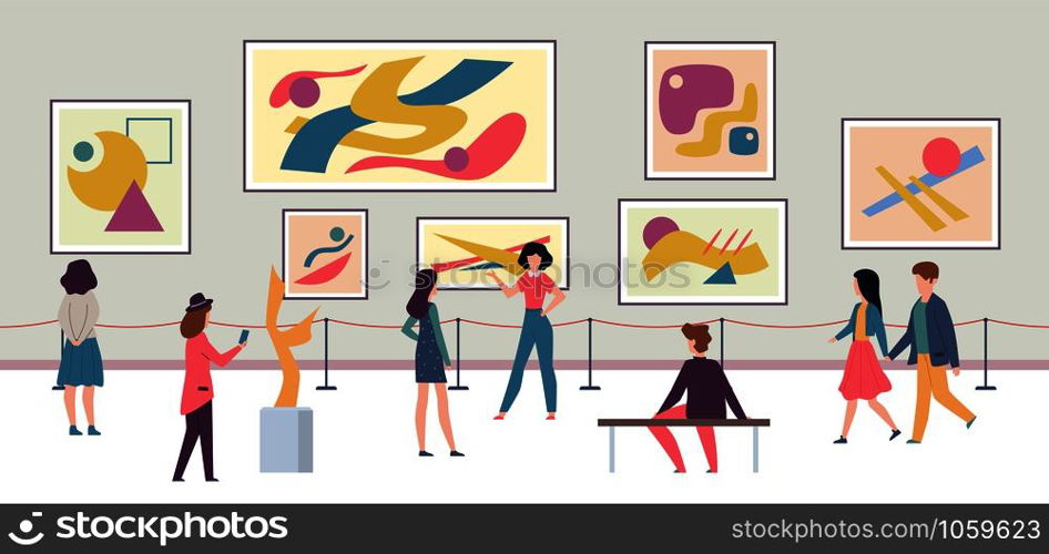 People in gallery. Walking tourists and expo fashion stand with artworks or exhibition abstract paintings vector lifestyle, modern contemporary concept. People in gallery. Walking tourists and expo fashion stand with artworks or exhibition abstract paintings vector concept