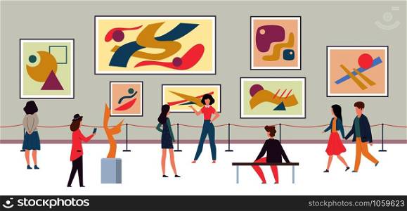 People in gallery. Walking tourists and expo fashion stand with artworks or exhibition abstract paintings vector lifestyle, modern contemporary concept. People in gallery. Walking tourists and expo fashion stand with artworks or exhibition abstract paintings vector concept