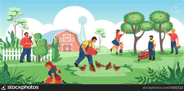 People in garden. Cartoon farmers and gardeners working together, plant crops and flowers, work in soil. Vector illustration agriculture workers growing organic food, woman and kid near tree. People in garden. Cartoon farmers and gardeners working together, plant crops and flowers, work in soil. Vector agriculture workers growing organic food