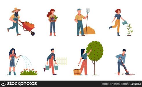 People in garden. Male and female doing farming job harvesting, planting and watering using gardening tools, organic plant products vector outdoor set. People in garden. Male and female doing farming job harvesting, planting and watering using gardening tools, organic products vector set
