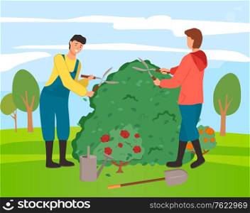 People in gardner caring for bushes of roses vector, man and woman with tools. Male using scissors to cut branches, farming characters on rural area. Gardeners Farming People with Bushes of Roses