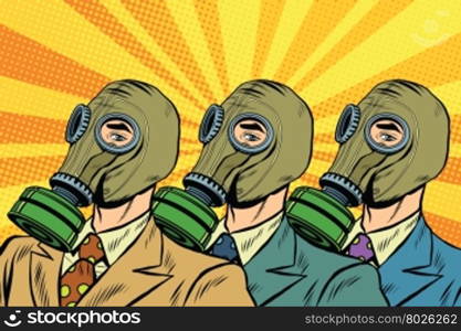 People in gas masks the Sots art style pop art retro vector. Pop art ecology air pollution. People in gas masks the Sots art style