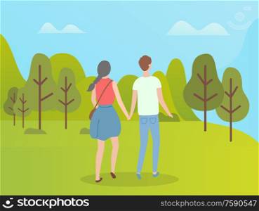 People in green forest man and woman back view. Vector girl with braid and boy in green t-shirt, teenagers holding hands walking among trees in spring. People in Green Forest Man and Woman Back View