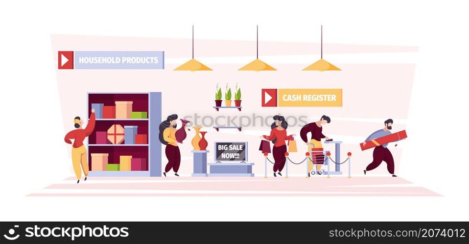 People in grocery. Product shelves and person buyers walking with basket organizing grocery sales garish vector background. Illustration supermarket department household with merchandise. People in grocery. Product shelves and person buyers walking with basket organizing grocery sales garish vector background