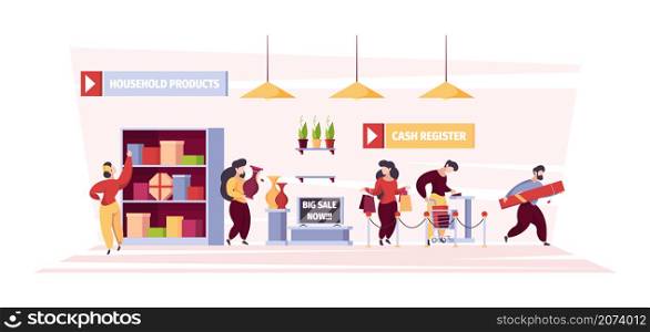 People in grocery. Product shelves and person buyers walking with basket organizing grocery sales garish vector background. Illustration supermarket department household with merchandise. People in grocery. Product shelves and person buyers walking with basket organizing grocery sales garish vector background