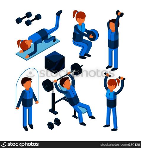People in gym. Sport characters making cardio strength body pump exercises in fitness center vector illustrations. Woman and man exercise training, equipment for sport gym and fitness. People in gym. Sport characters making cardio strength body pump exercises in fitness center vector illustrations