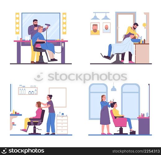 People in hair salon. Barbers with customers. Men and women in process creating hairstyles. Hairdressers work. Beauty studio. Barbershop workers haircutting and drying hairdo. Vector hairstylists set. People in hair salon. Barbers with customers. Men and women in process creating hairstyles. Hairdressers work. Beauty studio workers cutting and drying hairdo. Vector hairstylists set