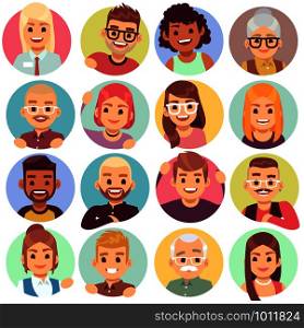 People in holes. Face in circular windows, emotional people greeting, smiling communicating characters. Avatars vector neighbor designs expressive laugh emotions set. People in holes. Face in circular windows, emotional people greeting, smiling communicating characters. Avatars vector set