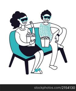 People in home cinema. Happy couple sitting on sofa and watch TV in 3D glasses. Man woman eat popcorn, house relax vector characters. Illustraton home movie or cinema, entertainment. People in home cinema. Happy couple sitting on sofa and watch TV in 3D glasses. Man woman eat popcorn, house relax vector characters