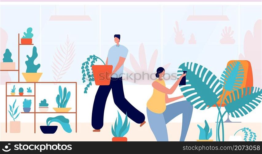 People in home garden. Woman planting, relax in green interior. Happy couple care flower, family botanical hobby utter vector illustration. Woman and man gardening, people with plant house. People in home garden. Woman planting, relax in green interior. Happy couple care flower, family botanical hobby utter vector illustration