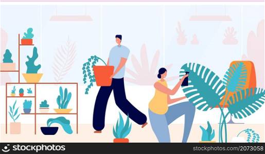 People in home garden. Woman planting, relax in green interior. Happy couple care flower, family botanical hobby utter vector illustration. Woman and man gardening, people with plant house. People in home garden. Woman planting, relax in green interior. Happy couple care flower, family botanical hobby utter vector illustration