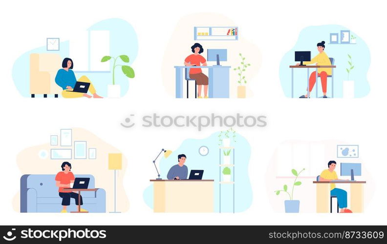 People in home office. Person computers education, working with laptop at house. Modern remote work, study and communication recent vector set. Employee at quarantine illustration. People in home office. Person computers education, working with laptop at house. Modern remote work, study and communication recent vector set