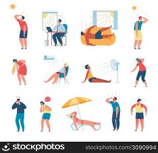 People in hot weather, Men and women suffering from heat stroke. Characters cooling down with fan, drinking water in summer heat Vector set. Sick adults, having headache, heart attack. People in hot weather, Men and women suffering from heat stroke. Characters cooling down with fan, drinking water in summer heat Vector set