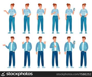 People in jeans gesture. Happy standing woman and man in casual denim shirts and pants showing gestures. Teenager holding phone, vector set. Illustration happy man and woman in casual jeans. People in jeans gesture. Happy standing woman and man in casual denim shirts and pants showing gestures. Teenager holding phone, vector set