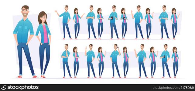 People in jeans. Male and female characters in casual style clothes standing in action poses with different gestures girls pose adults exact vector set. Illustration casual male and female jeans. People in jeans. Male and female characters in casual style clothes standing in action poses with different gestures girls pose adults exact vector set