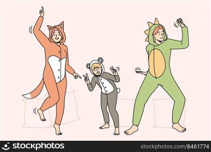 People in kigurumi pajamas have fun dancing indoors. Smiling adults and kid enjoying pyjama home party together. Leisure weekend. Vector illustration.. Smiling people have fun at pajama party
