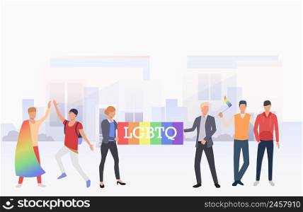 People in LGBTQ parade in city. Diversity, discrimination, freedom concept. Vector illustration can be used for topics like tolerance, homophobia, social rights. People in LGBTQ parade in city