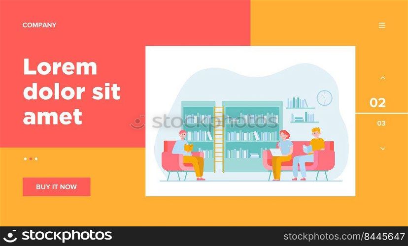 People in library flat vector illustration. Cartoon man and woman reading books and sitting on armchair or sofa. Study, knowledge and learning concept