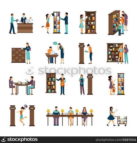 People In Library Icon Set. Flat icons set of different scenes of people activities in library isolated vector illustration