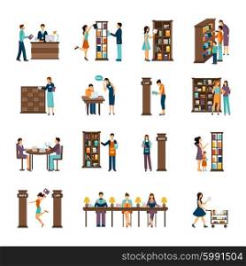 People In Library Icon Set. Flat icons set of different scenes of people activities in library isolated vector illustration