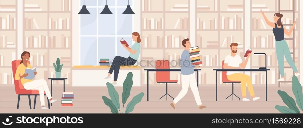 People in library. Men and women read book, students study with books and gadgets in public library interior vector concept. Girl on ladder getting book, people at desks and chairs. People in library. Men and women read book, students study with books and gadgets in public library interior vector concept