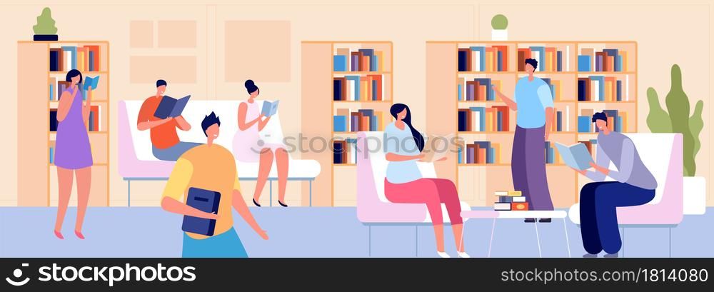 People in library. Person read, young adult with books in bookstore. Students sitting in room with bookcase, exam preparation vector concept. Illustration library education, study literature reading. People in library. Person read, young adult with books in bookstore. Students sitting in room with bookcase, exam preparation vector concept