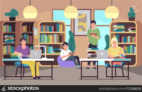 People in library. Young students, men and women read books, public library interior with bookshelves, desks and chairs flat vector studying concept. People in library. Young students, men and women read books, public library interior with bookshelves, desks and chairs flat vector concept