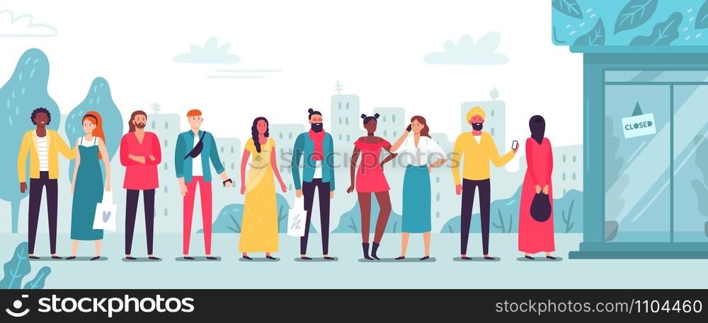 People in line at store. Waiting long lines, buyers standing outside shop and boutique entrance. Character crowded store area, customer standing and wait flat vector illustration. People in line at store. Waiting long lines, buyers standing outside shop and boutique entrance flat vector illustration