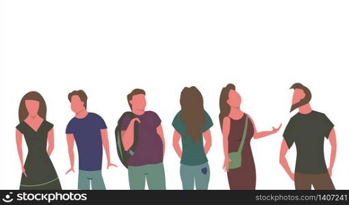 People in line vector flat illustration man and woman isolated on white. Concept group human social art background in row. Character cartoon crowd community