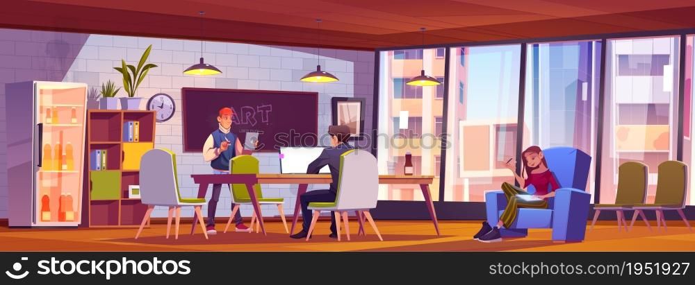 People in loft coworking office develop business idea or art project, teamwork, brainstorm concept. Relaxed creative team sitting at desk and armchairs in working space, Cartoon vector illustration. People in loft coworking office develop idea.