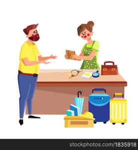 People In Lost And Found Service In Airport Vector. Man Searching Baggage In Lost And Found Service, Woman Office Worker Returning Wallet. Characters Finding Luggage Flat Cartoon Illustration. People In Lost And Found Service In Airport Vector