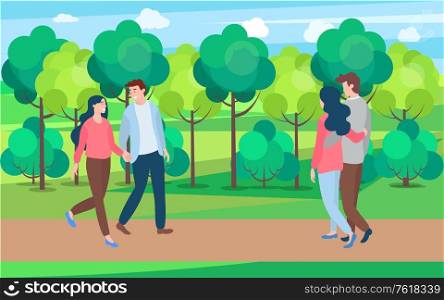 People in love and summer season, man and woman walking in spring park among green trees and bushes. Couple in casual cloth spend time together outdoors. People in Love and Summer Season, Man and Woman