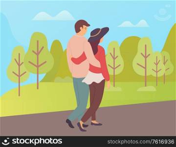 People in love cuddling and walking vector, boyfriend and girlfriend having calm and relaxing weekend on nature, trees and greenery of tranquil park. Man and Woman Walking Autumn Forest Streets Vector