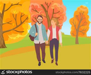 People in love holding hands walking along trees, man and woman spending time together, nature and seasonal beauty of yellow foliage. Vector illustration in flat cartoon style. Couple in Park, Autumn Season Man and Woman Vector
