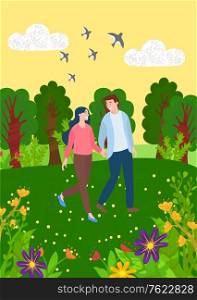 People in love in park vector, person with beloved on nature, flying swallows and trees with big trunks, romantic scenery and landscape blooming flora. Couple Having Date in Park, Man and Woman Vector