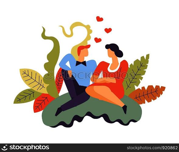 People in love man and woman sitting together vector male holding female cuddling pair surrounded by flowers and hearts foliage and frontage decoration relationship of boyfriend and girlfriend. People in love man and woman sitting together