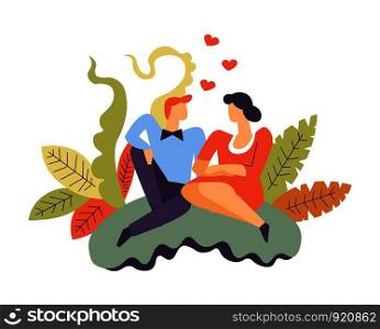 People in love man and woman sitting together vector male holding female cuddling pair surrounded by flowers and hearts foliage and frontage decoration relationship of boyfriend and girlfriend. People in love man and woman sitting together