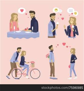 People in love on dates vector, set of couples activities, woman on bicycle, eating ice cream and dating dinner in restaurant, male proposing to lady flat style. Date with gerlfriend an boyfriend. Woman and Man on Date, Happy Couple Together Set