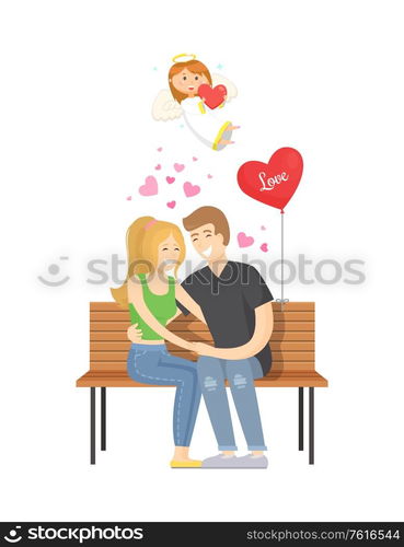 People in love relaxing vector, man and woman spending time together and sitting on bench. Balloon in form of heart, angel girl flying above couple. Couple in Love, Man and Woman Sitting on Bench