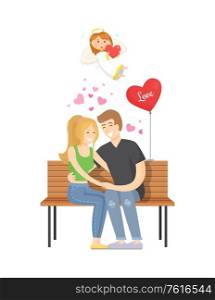 People in love relaxing vector, man and woman spending time together and sitting on bench. Balloon in form of heart, angel girl flying above couple. Couple in Love, Man and Woman Sitting on Bench