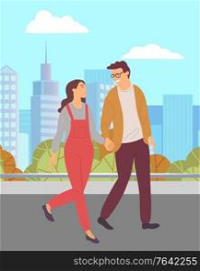 People in love spending weekends outdoors in city park. Boyfriend and girlfriend holding hands and walking at street of park. Cityscape with skyscrapers and nature. Autumn season in town vector. Couple in Love Walking and Holding Hands in Park