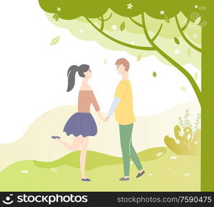 People in love under green tree. Vector dating teenagers, girl in short skirt, boy in yellow sweater and trousers. Sudents in lovers, male and female. People in Love Under Tree. Vector Dating Teenagers