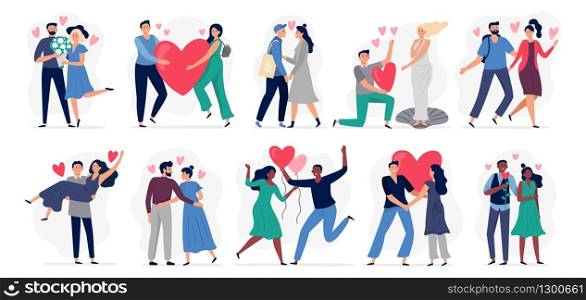 People in love. Vector illustration set. Woman and man. Relationship boy and girl, young cartoon smiling with hearts. Happy situation female and male. People in love. Vector illustration set. Woman and man