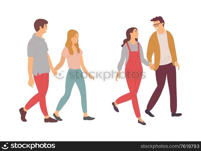 People in love vector, man and woman adults and teenagers on date isolated couples double date. Married male and female holding hands and walking. Man and Woman Holding Hands, Set of Couples Vector