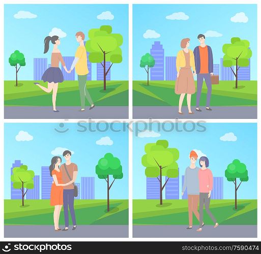 People in love vector, man and woman spending time in park of city, skyscrapers and green trees with lawns. Romantic meeting of male and female set. Couples in Love in City Park, Skyscrapers Nature