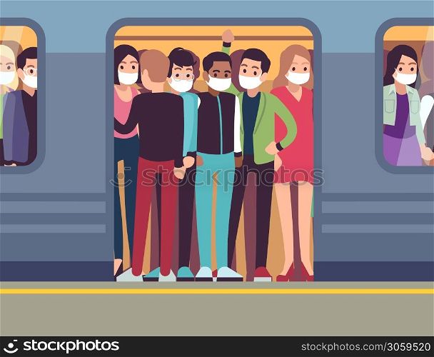 People in masks and subway. Man and woman in metro during epidemic, passenger in medical mask in underground train, stop spread of viruses healthcare vector flat cartoon concept. People in masks and subway. Man and woman in metro during epidemic, passenger in medical mask, stop spread of viruses healthcare vector flat concept