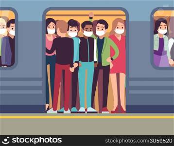 People in masks and subway. Man and woman in metro during epidemic, passenger in medical mask in underground train, stop spread of viruses healthcare vector flat cartoon concept. People in masks and subway. Man and woman in metro during epidemic, passenger in medical mask, stop spread of viruses healthcare vector flat concept