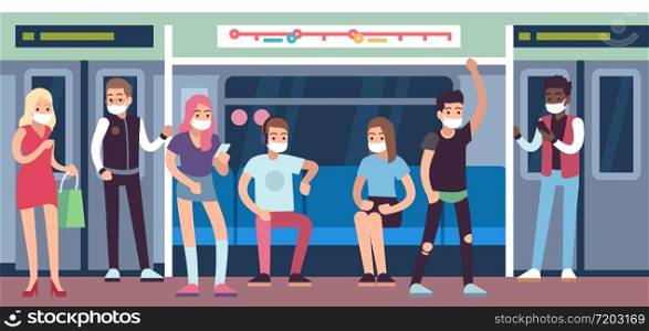 People in masks in subway. Underground mass transit with men and women. Metro wagon, coronavirus covid-19 healthcare vector medical protection concept. People in masks in subway. Underground mass transit with men and women. Metro wagon, coronavirus covid-19 healthcare vector concept