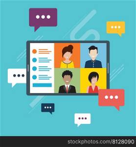 People in meeting by video conference working from home. Business discussion, web chatting, online meeting friends in video call. Group of people talking by internet in social distancing.